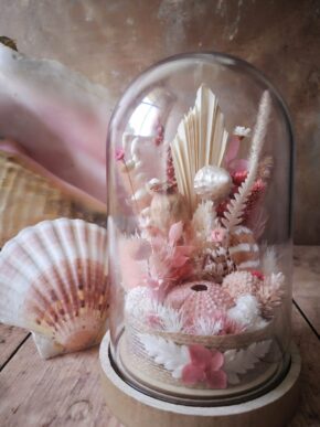Cloche Fleurs des sables, cloche de fleurs séchées dans les tons beige et rose avec des coquillages