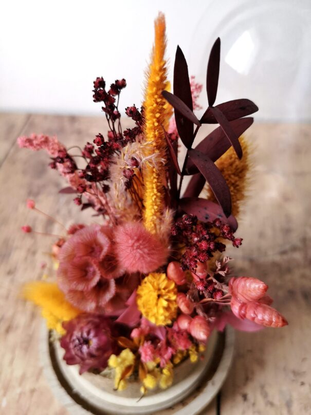 Cloche de fleurs séchées Rose/Moutarde - "Galathée" – Image 6
