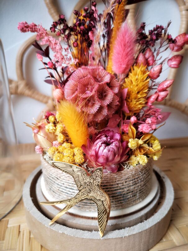 Cloche de fleurs séchées Rose/Moutarde - "Galathée" – Image 8