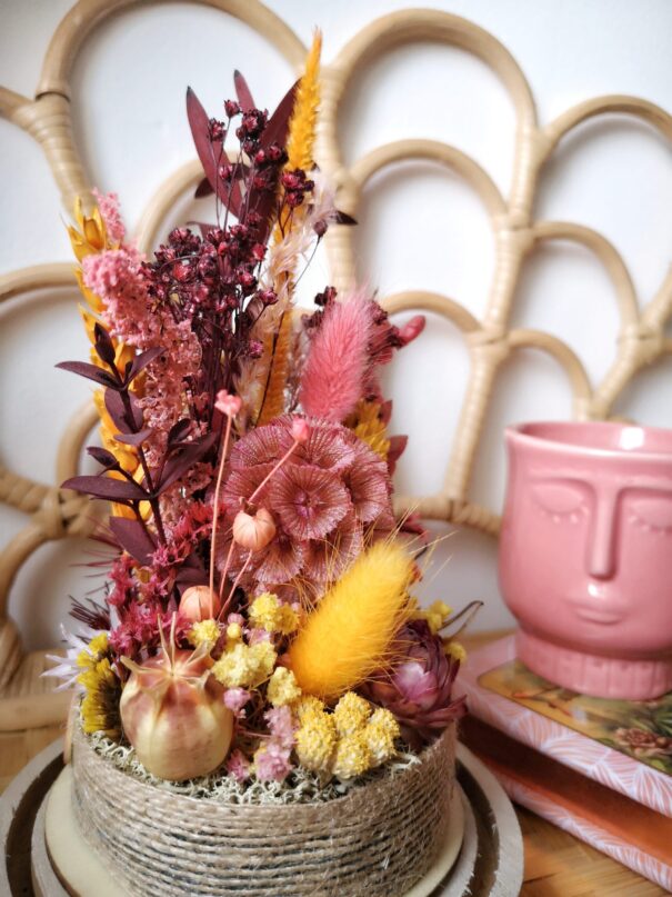 Cloche de fleurs séchées Rose/Moutarde - "Galathée" – Image 9