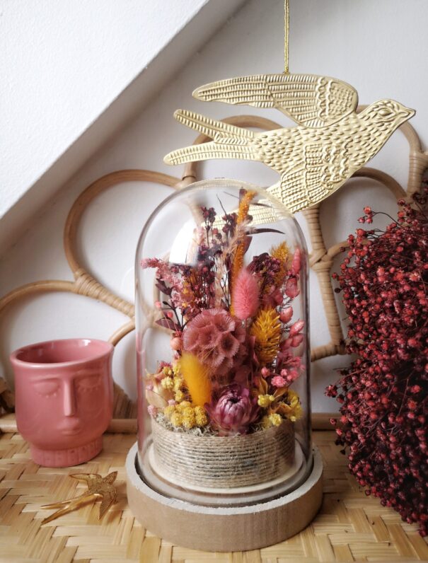 Cloche de fleurs séchées Rose/Moutarde - "Galathée" – Image 7