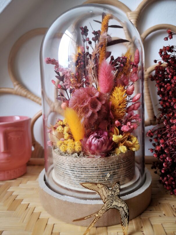 Cloche de fleurs séchées Rose/Moutarde - "Galathée" – Image 2
