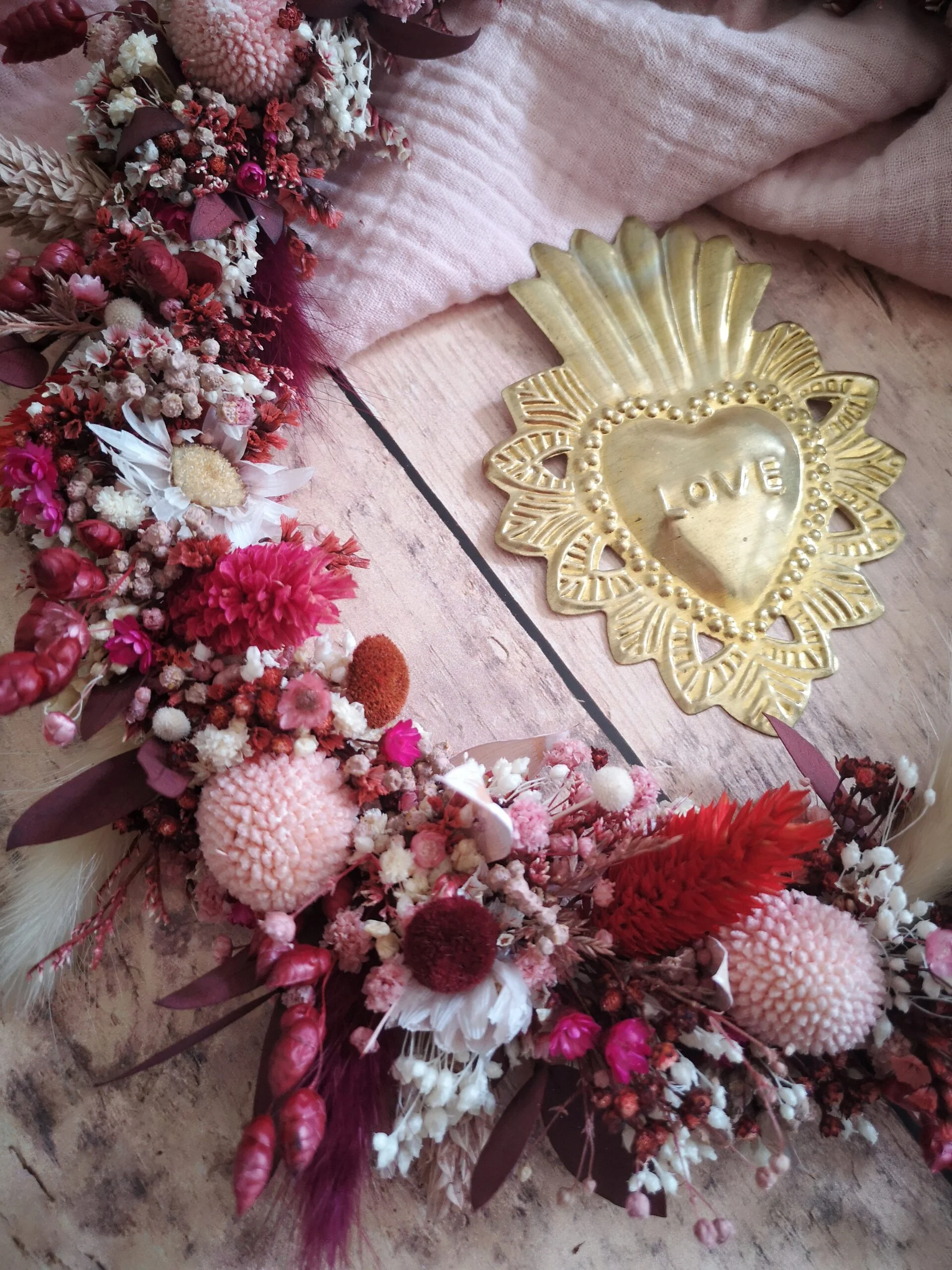 Couronne de fleurs séchées Rose, rouge, crème - "Printania" – Image 8