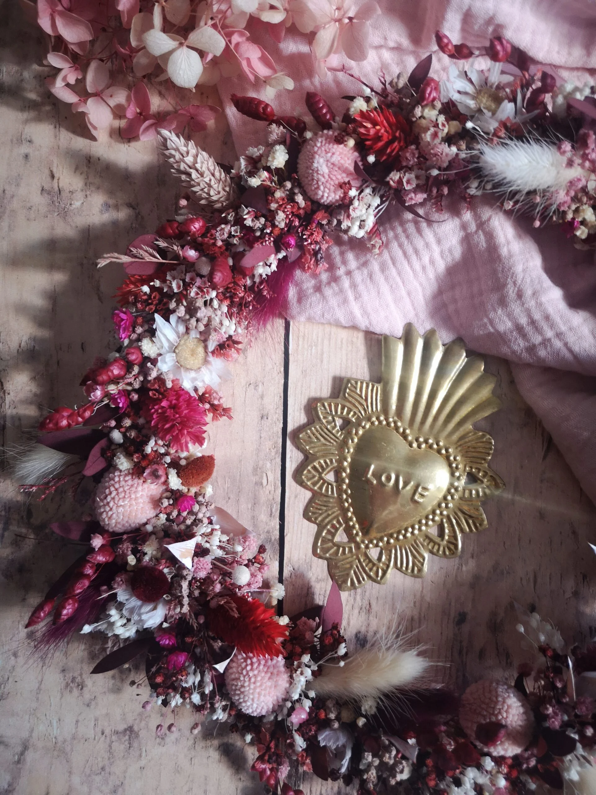 Couronne de fleurs séchées Rose, rouge, crème - "Printania" – Image 2
