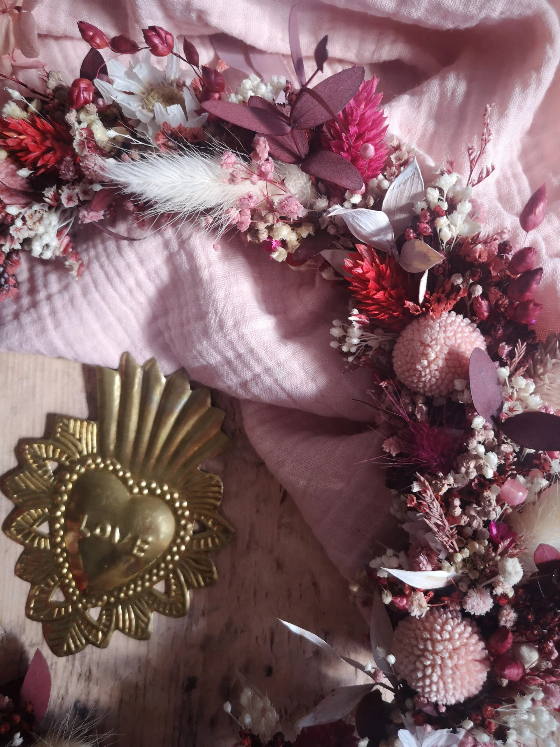 Couronne de fleurs séchées Rose, rouge, crème - "Printania" – Image 5