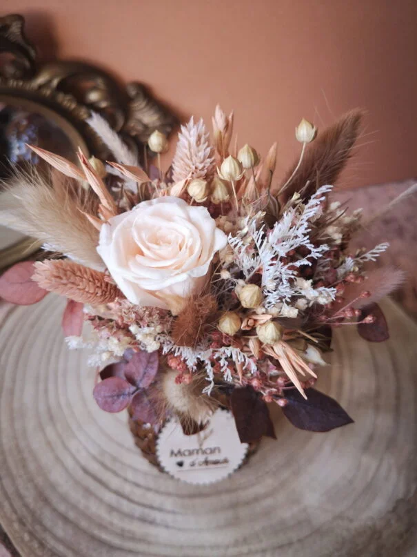 Petit bouquet de fleurs séchées pêche, crème, brun avec vase - "Primavera" – Image 10