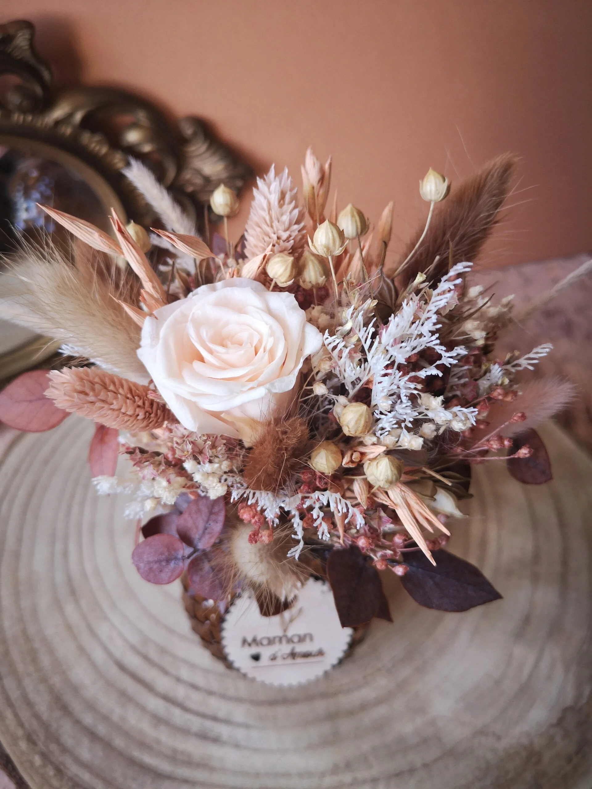 Petit bouquet de fleurs séchées pêche, crème, brun avec vase - "Primavera" – Image 10