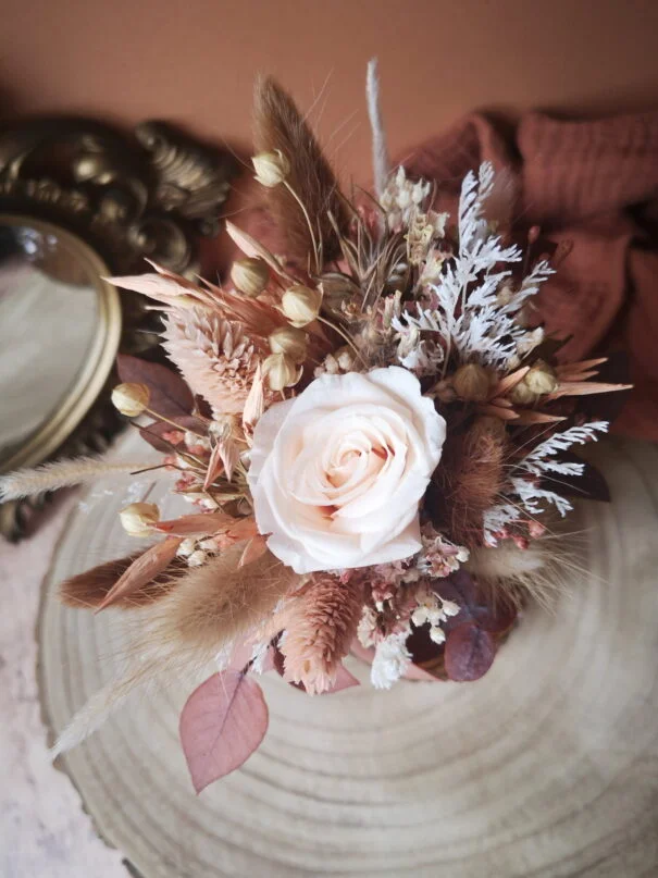 Petit bouquet de fleurs séchées pêche, crème, brun avec vase - "Primavera" – Image 5