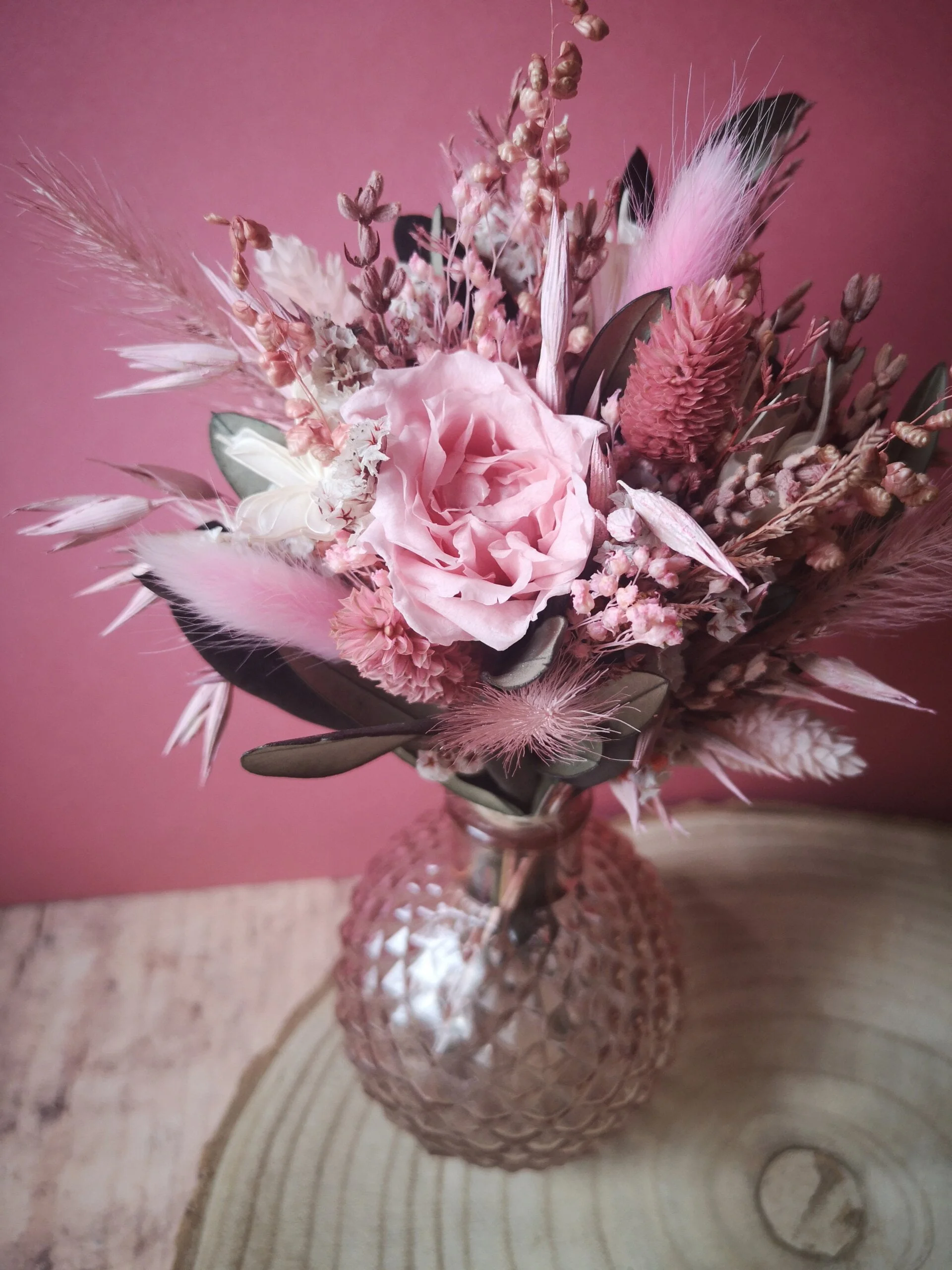 Petit bouquet de fleurs séchées rose blanc et vert avec vase - "Primavera" – Image 4