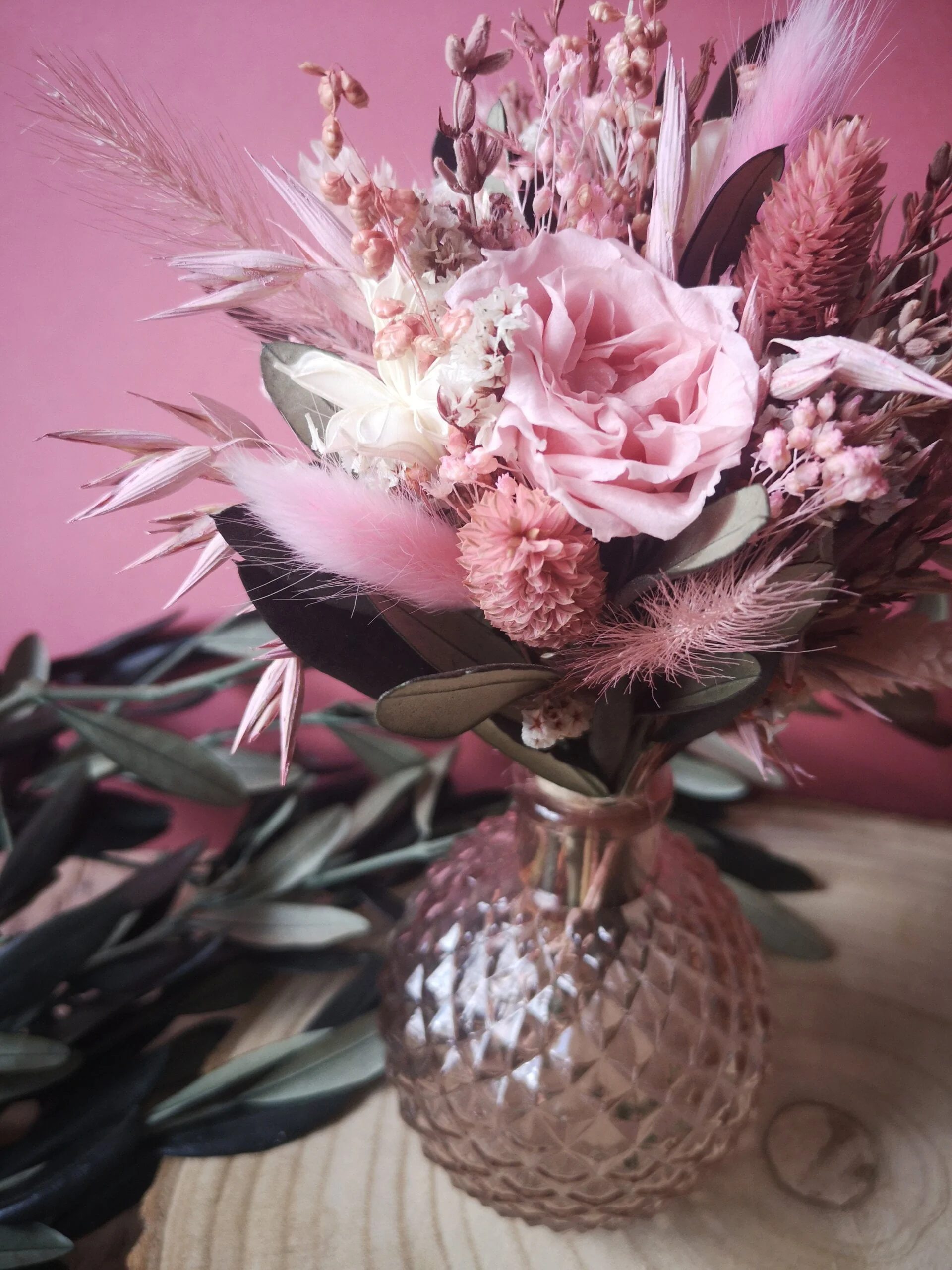 Petit bouquet de fleurs séchées rose blanc et vert avec vase - "Primavera" – Image 3