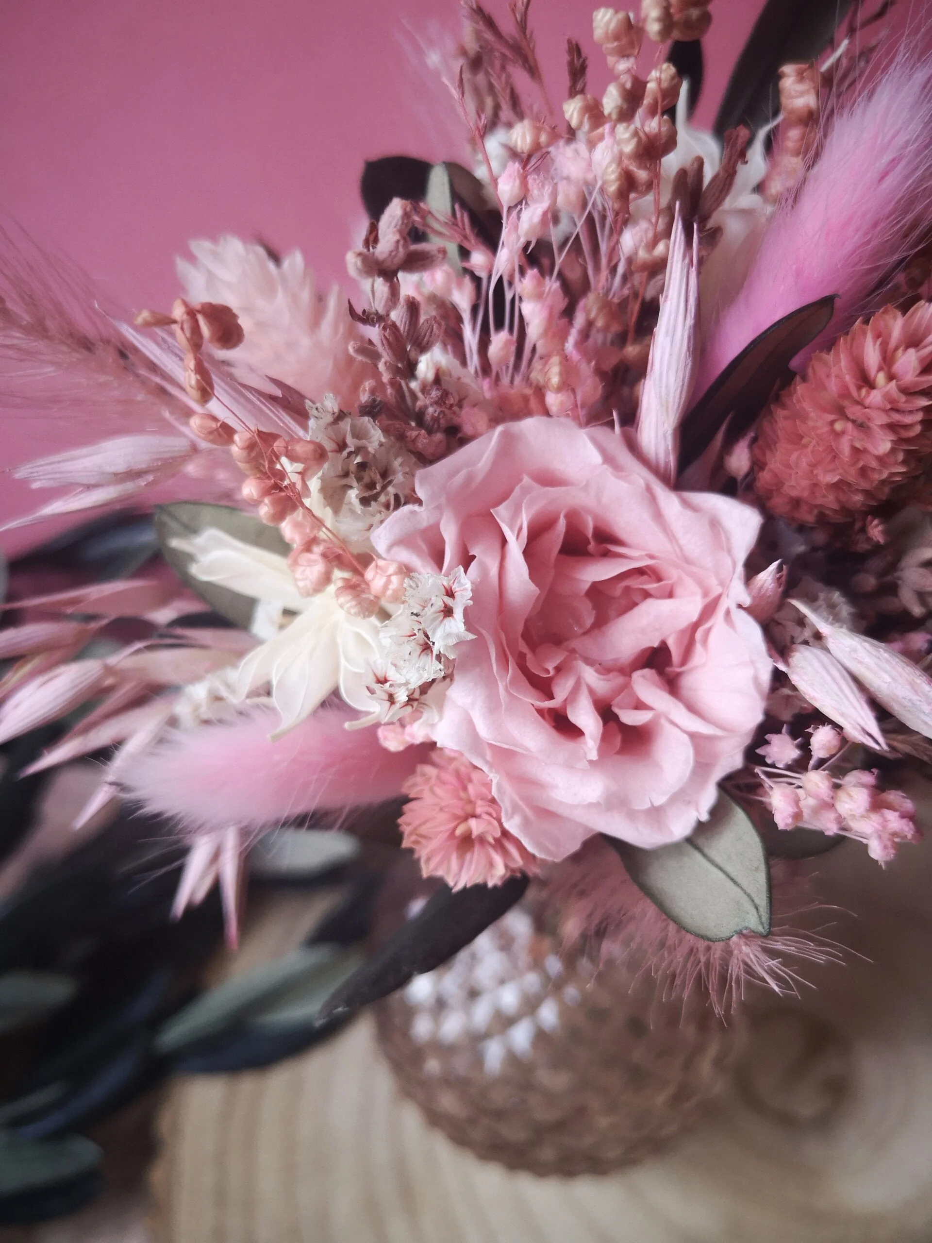 Petit bouquet de fleurs séchées rose blanc et vert avec vase - "Primavera" – Image 5
