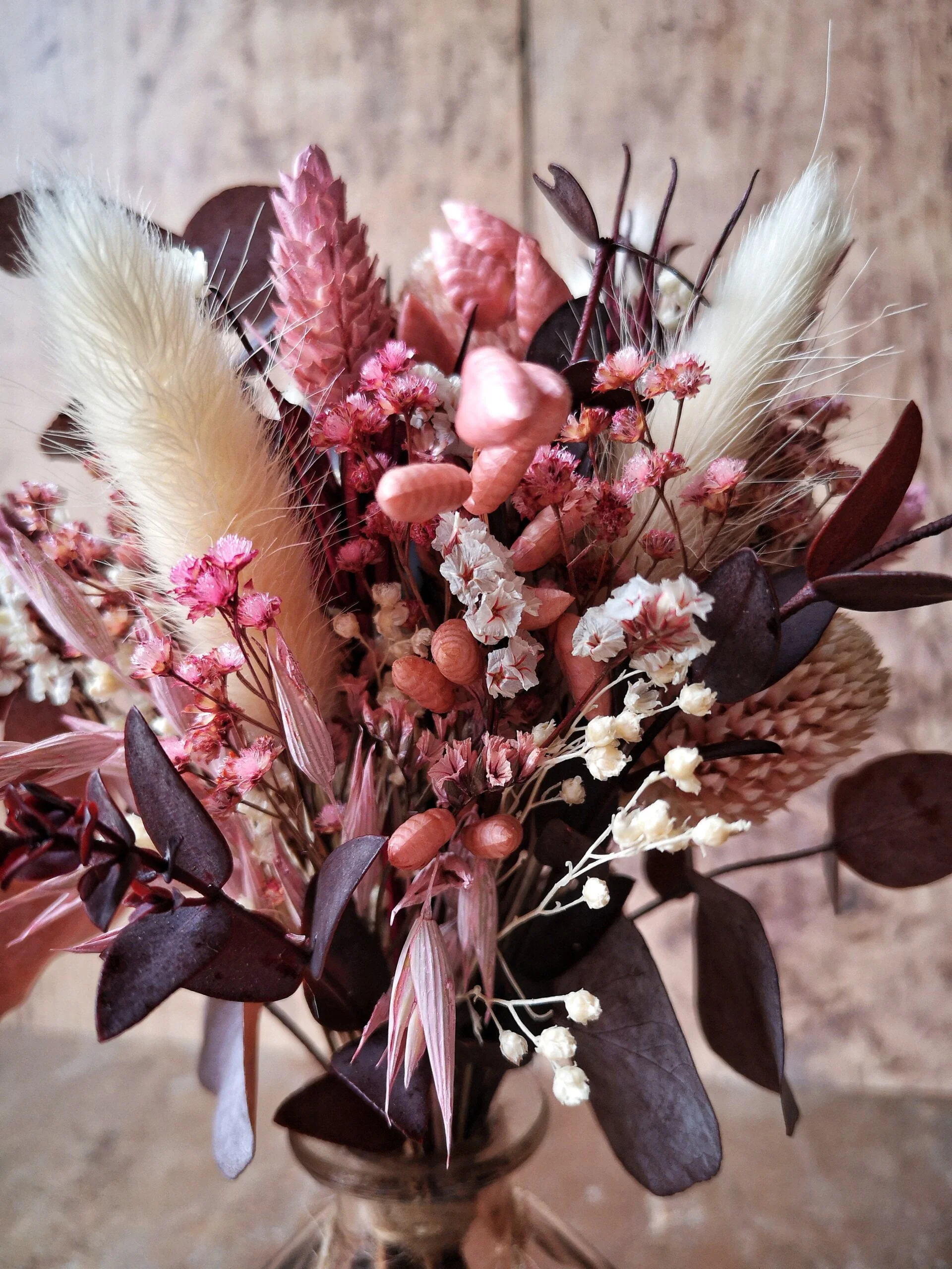 Petit bouquet de fleurs séchées rose, bordeaux et crème avec vase - “Primavera” – Image 4