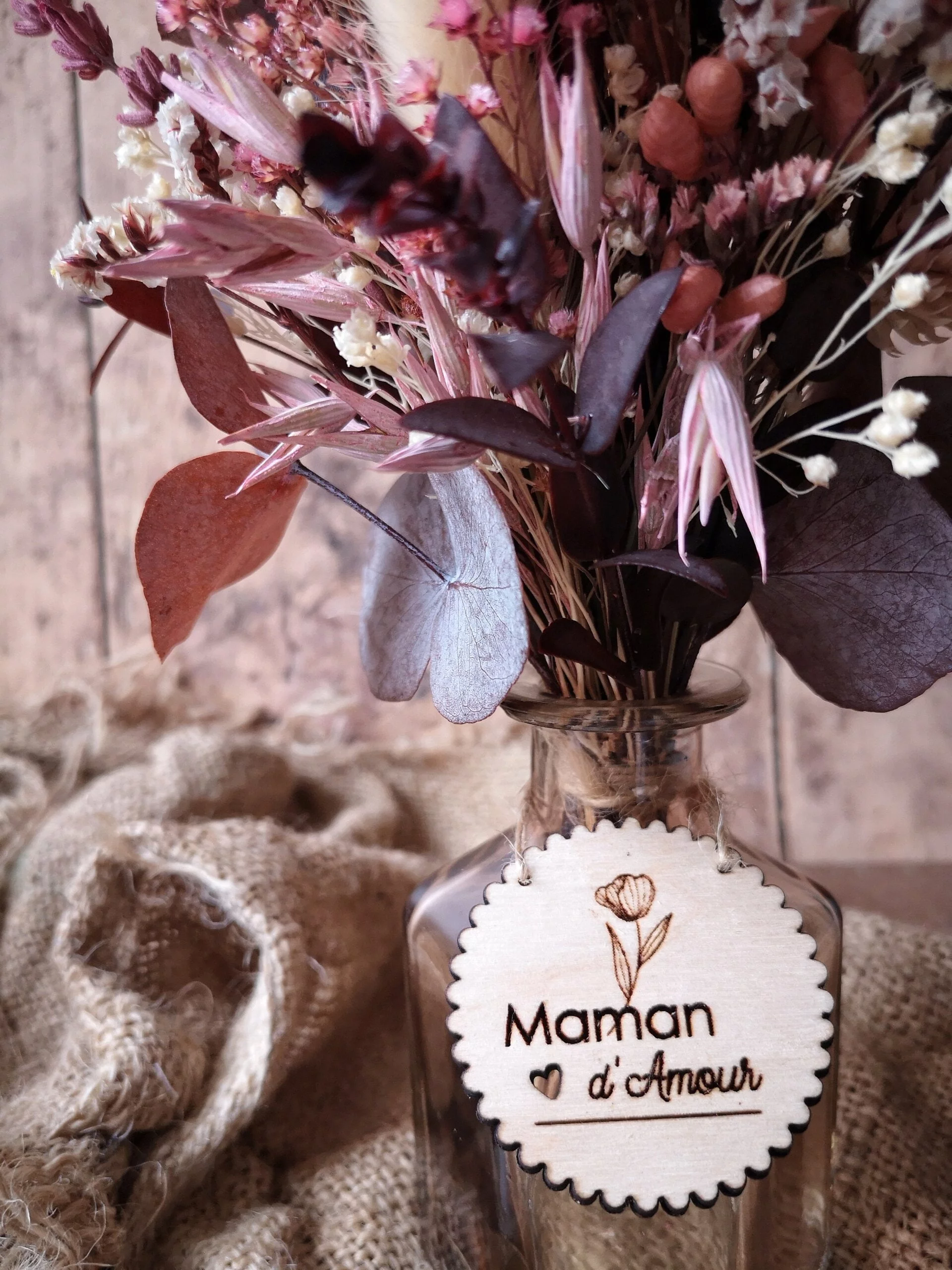 Petit bouquet de fleurs séchées rose, bordeaux et crème avec vase - “Primavera” – Image 2