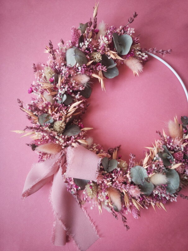 Couronne de fleurs séchées rose, pêche, vert, blanc - "Printania" – Image 2