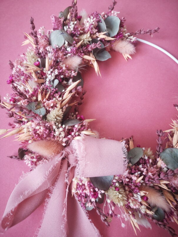 Couronne de fleurs séchées rose, pêche, vert, blanc - "Printania" – Image 8