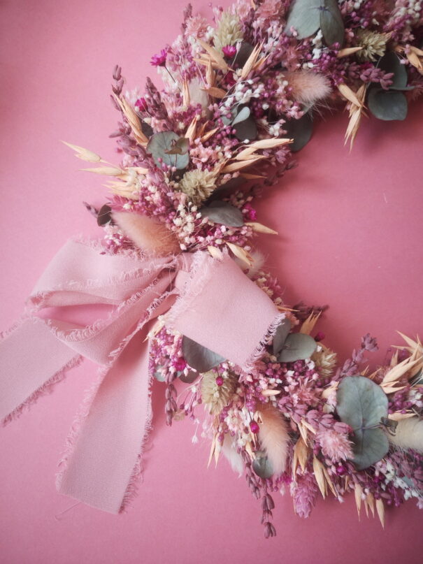 Couronne de fleurs séchées rose, pêche, vert, blanc - "Printania" – Image 3