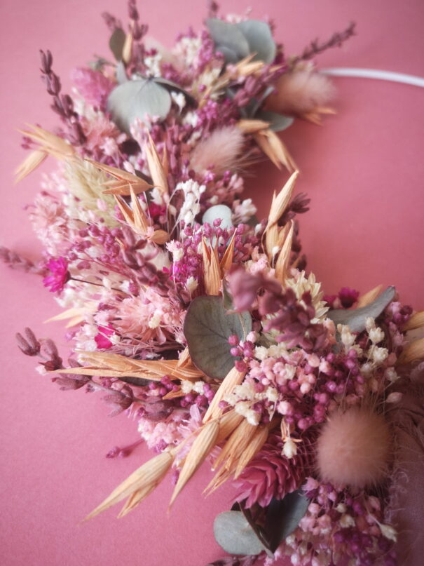 Couronne de fleurs séchées rose, pêche, vert, blanc - "Printania" – Image 5