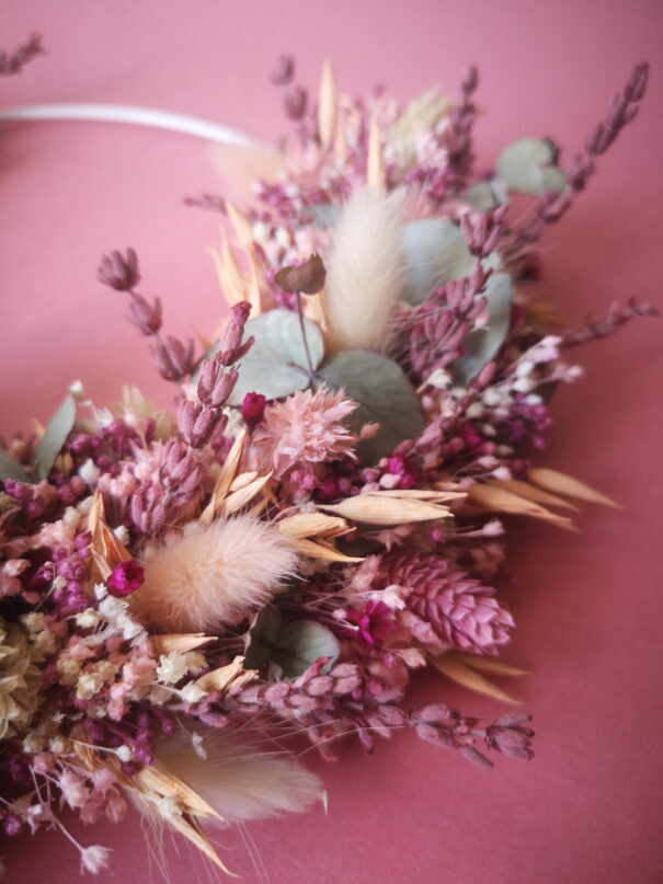 Couronne de fleurs séchées rose, pêche, vert, blanc - "Printania" – Image 4