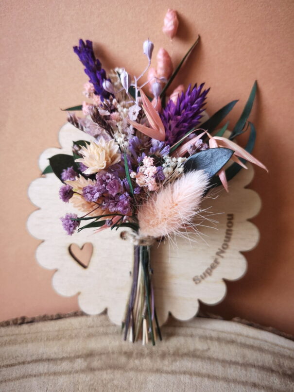 Aimant mini bouquet de fleurs séchées sur support en bois (cadeau pour nounou) – Image 2