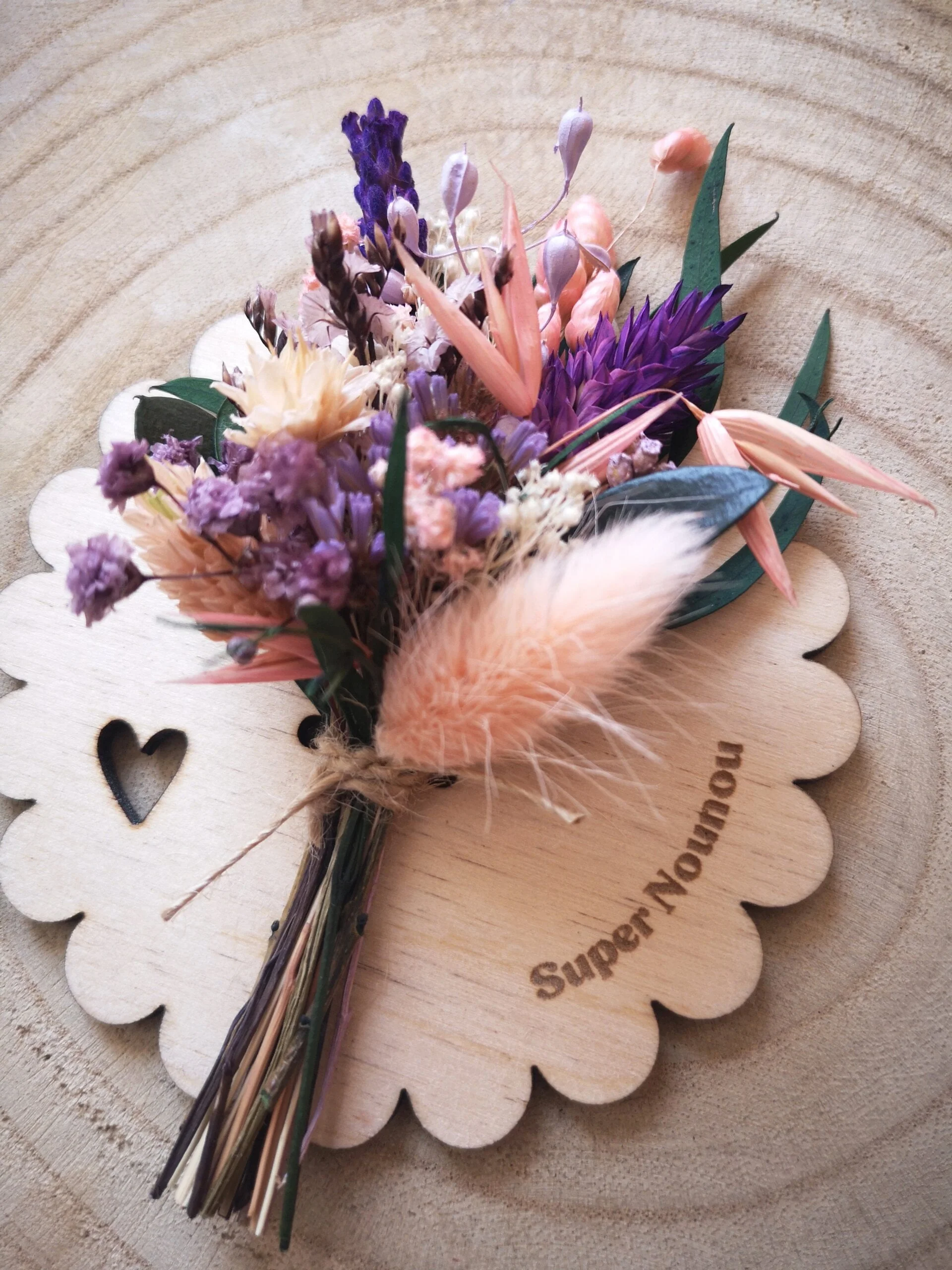 Aimant mini bouquet de fleurs séchées sur support en bois (cadeau pour nounou) – Image 4