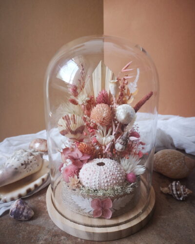 Fleurs séchées sous une cloche en verre, coloris rose, corail et blanc.