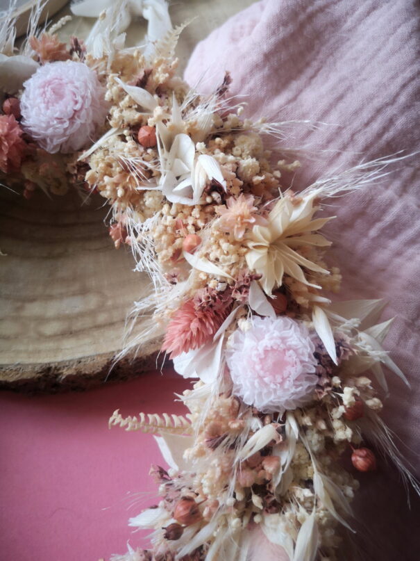Couronne murale de fleurs séchées dans les tons rose, blanc, crème (GM) – “Printania” – Image 4