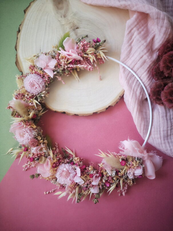 Couronne de fleurs séchées rose, vert et beige – “Printania” – Image 5