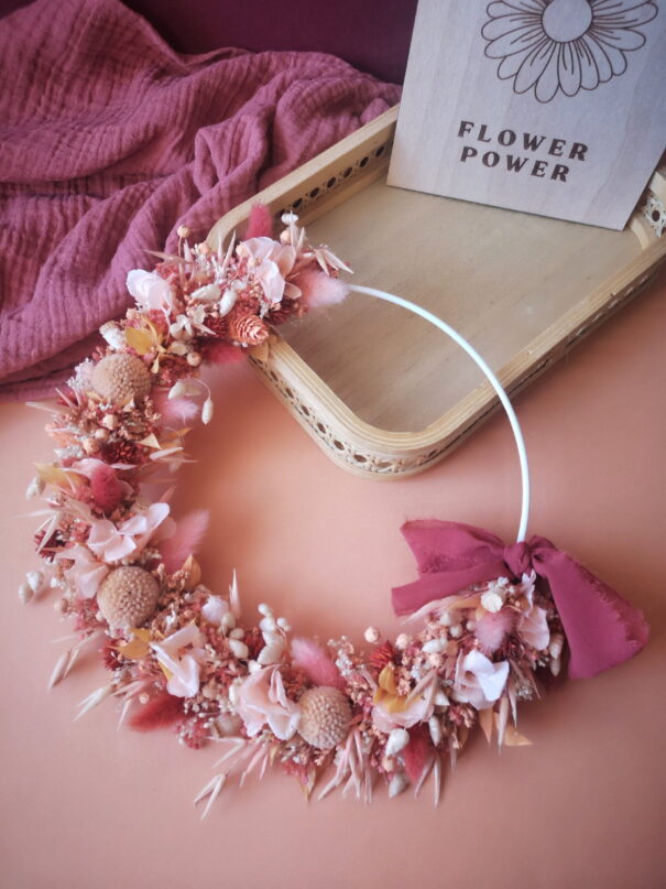 Couronne de fleurs séchées terracotta, rose fushia, pêche et touches cuivrées - "Printania" – Image 6
