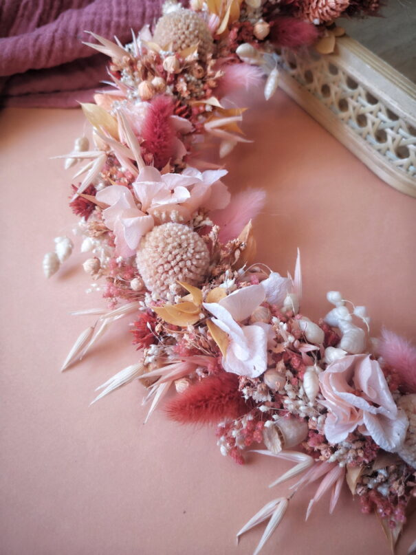 Couronne de fleurs séchées terracotta, rose fushia, pêche et touches cuivrées - "Printania" – Image 5