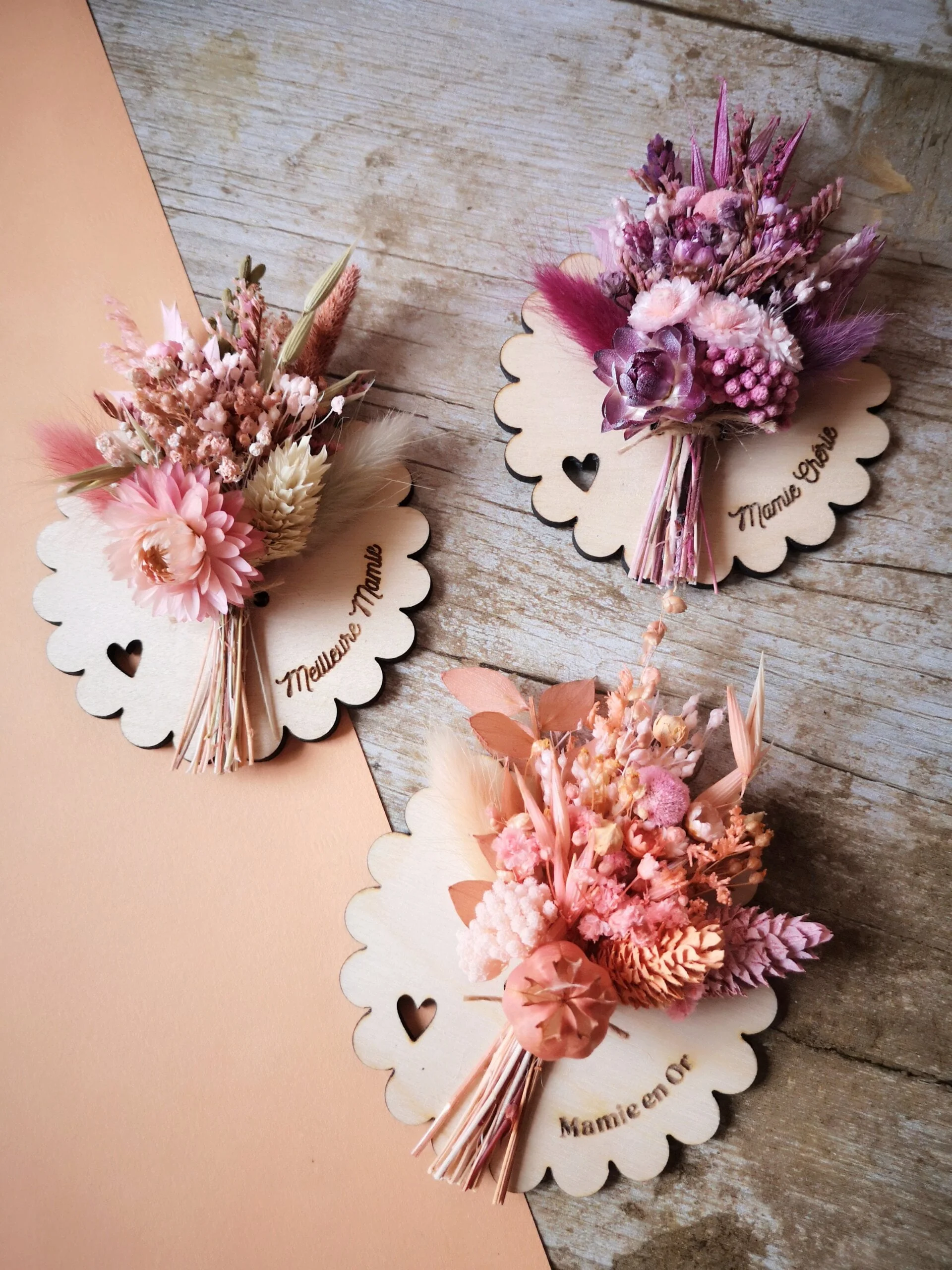 Aimant mini bouquet fleurs séchées sur support en bois (cadeau pour mamies)
