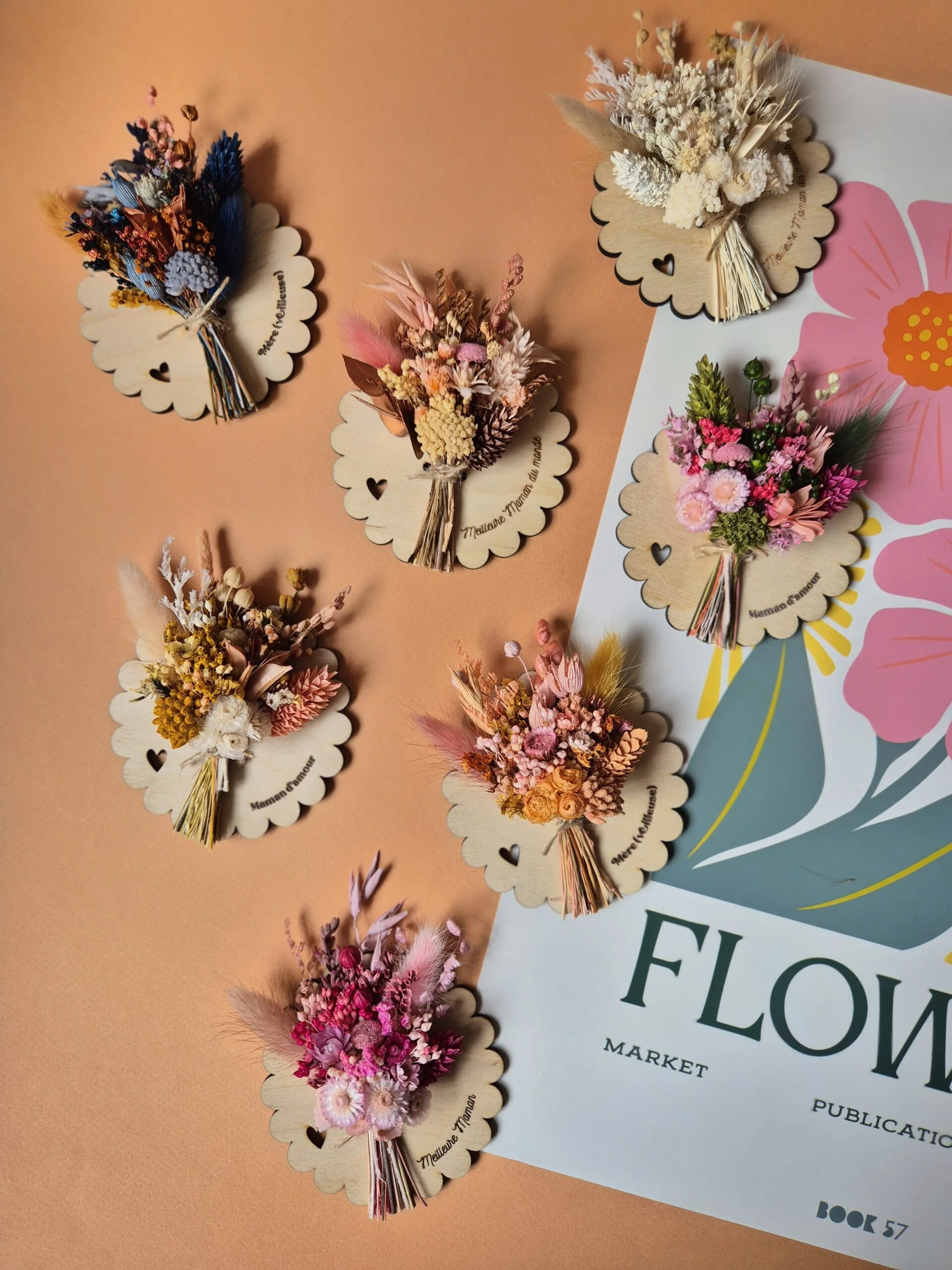 Aimant mini bouquet fleurs séchées sur support en bois (cadeau pour maman) – Image 2