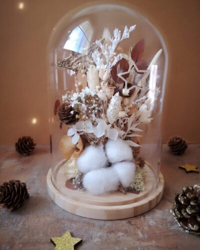 Cloche de fleurs séchées dans des tons naturels (blanc, beige, brun) avec pommes de pin, fleur de coton et étoiles