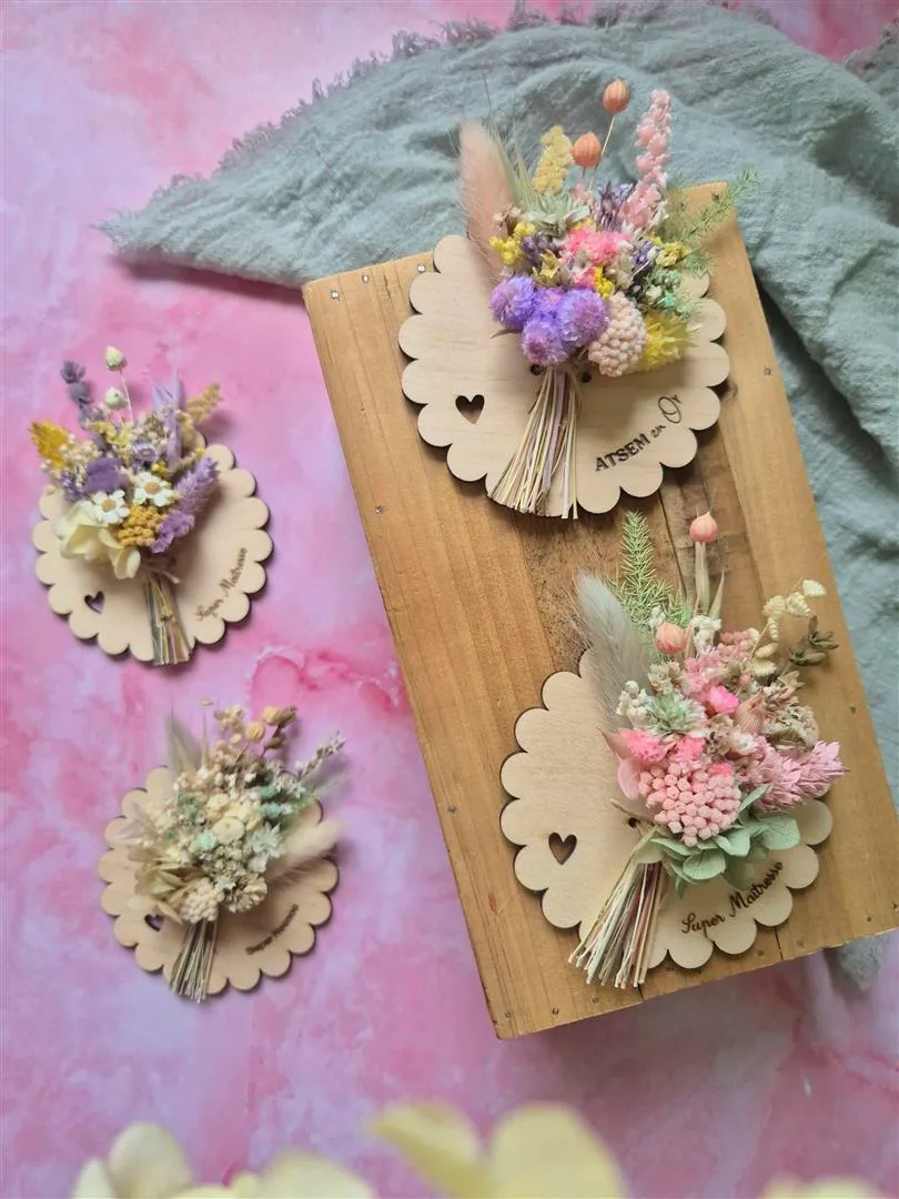 Aimant fleuri mini bouquet de fleurs séchées - cadeau de fin d'année scolaire (maîtresse, ATSEM, nounou)